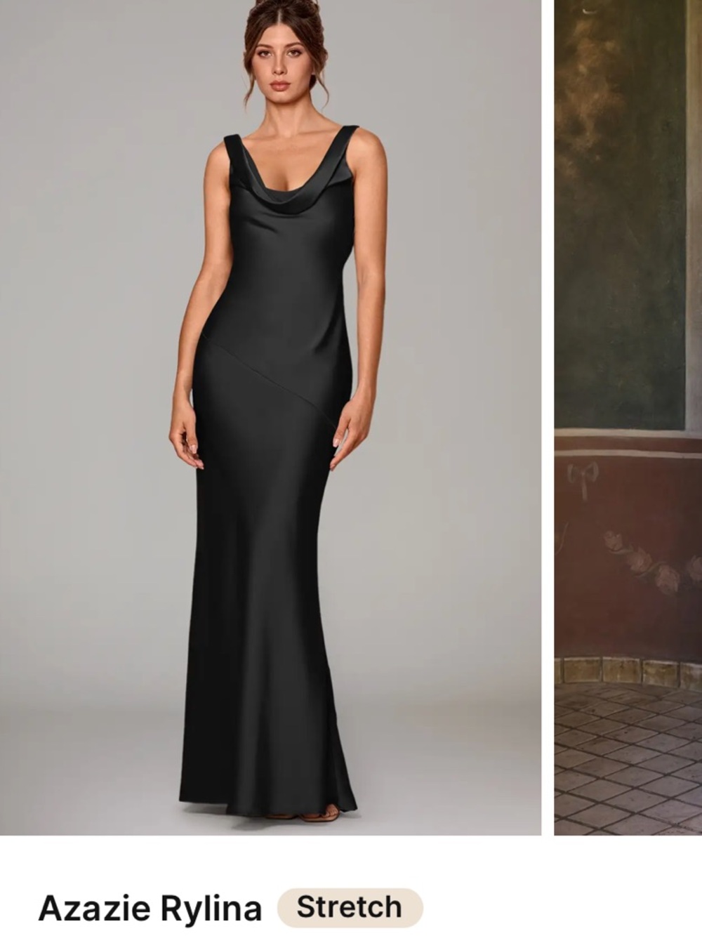 Azazie Black Satin Cowl Neck Mermaid Gown